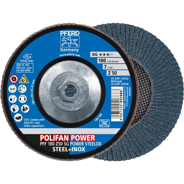 Pferd Flap Disc, 7''x5/8-11, Z SG POWER STEELOX, 50 Grit, T27, Flat, Zirconia 64558 - main